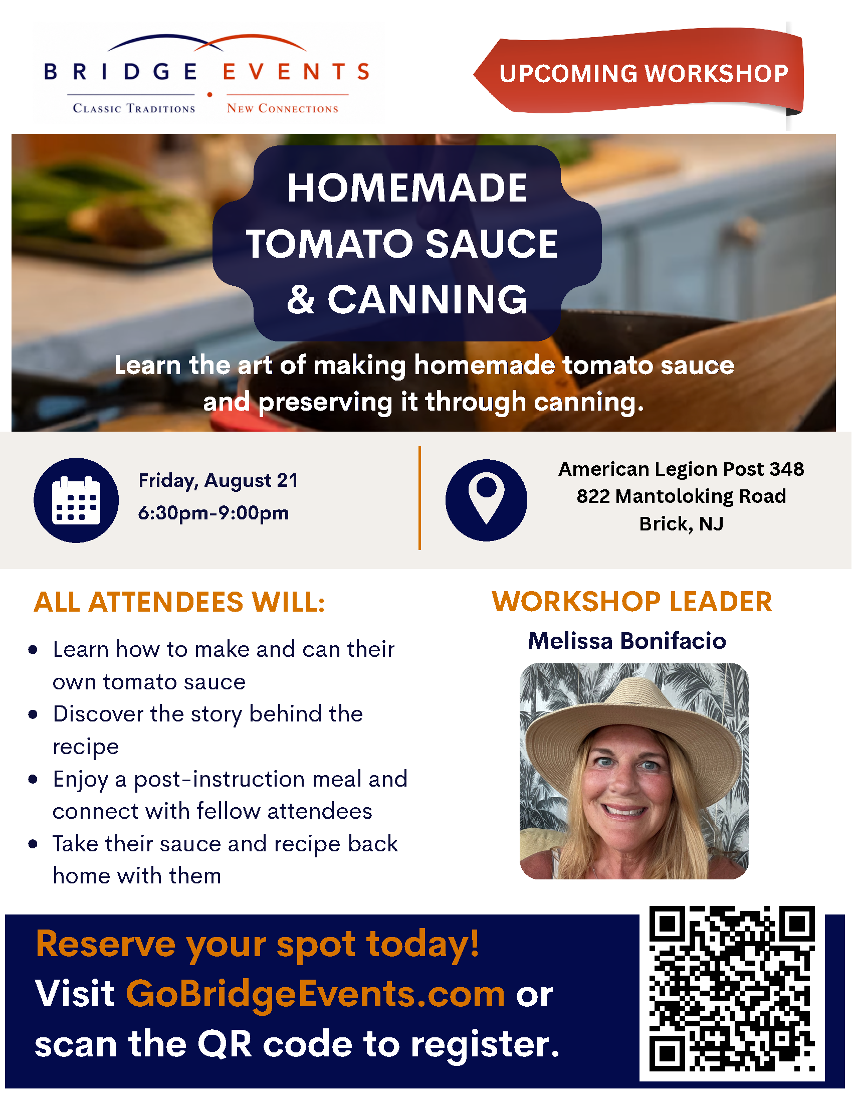Homemade Tomato Sauce & Canning Workshop with photo of a woman in a hat