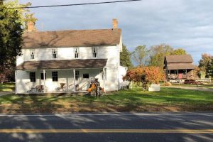 Picture of a white building with a tree next to it and pumpkins and mums on the porch 