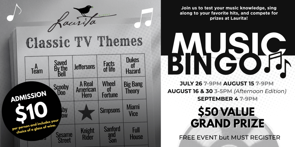 Mussic bingo flyer with a bingo sheet with classic tv themes