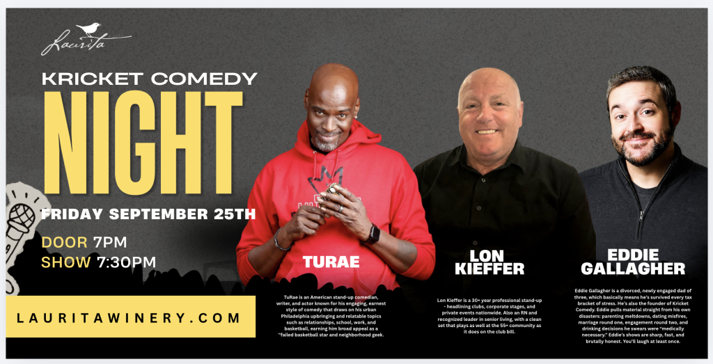 three comedians on a flyer for kricket comedy at Laurita winery