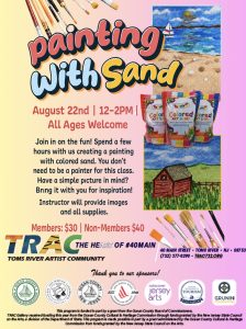 painting with sand flyer. Pictures of a barn in a field and a beach with a sailboat in the water