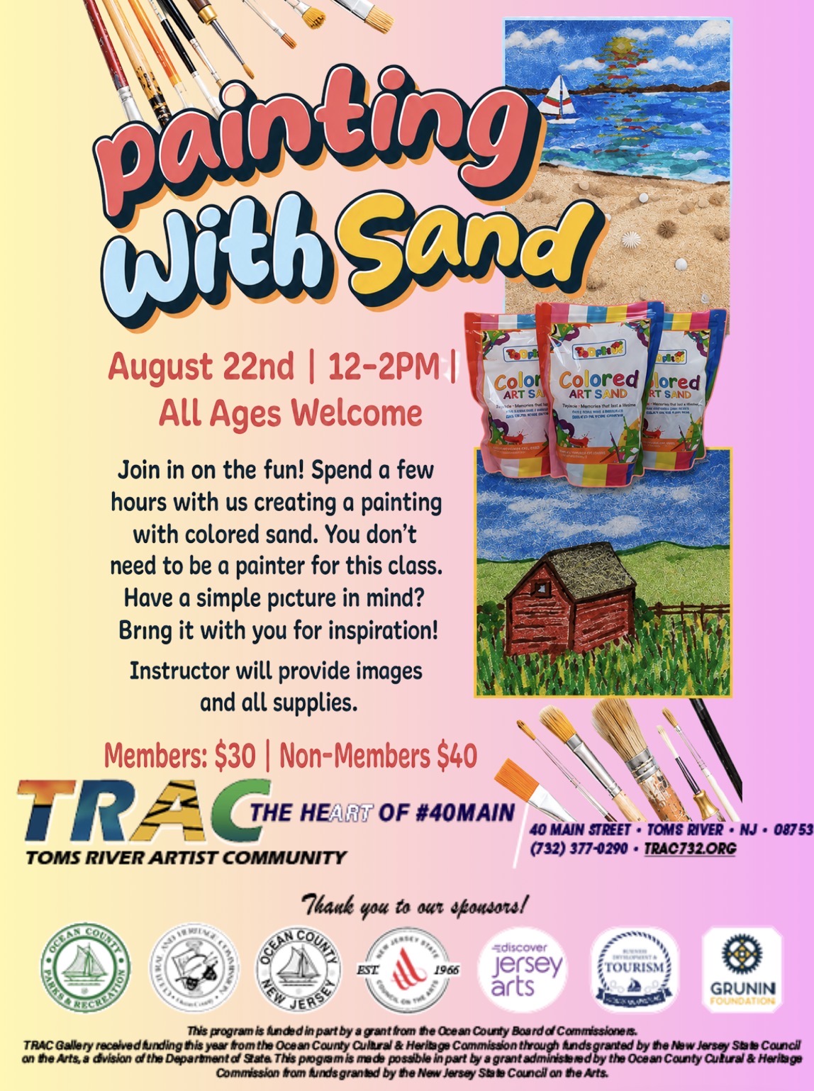 painting with sand flyer. Pictures of a barn in a field and a beach with a sailboat in the water