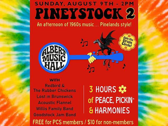 pineystock 2 flyer with a graphic of the jersey devil, a guitar and a tie dye background
