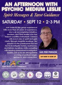 picture of a person in glasses on a psychic event flyer