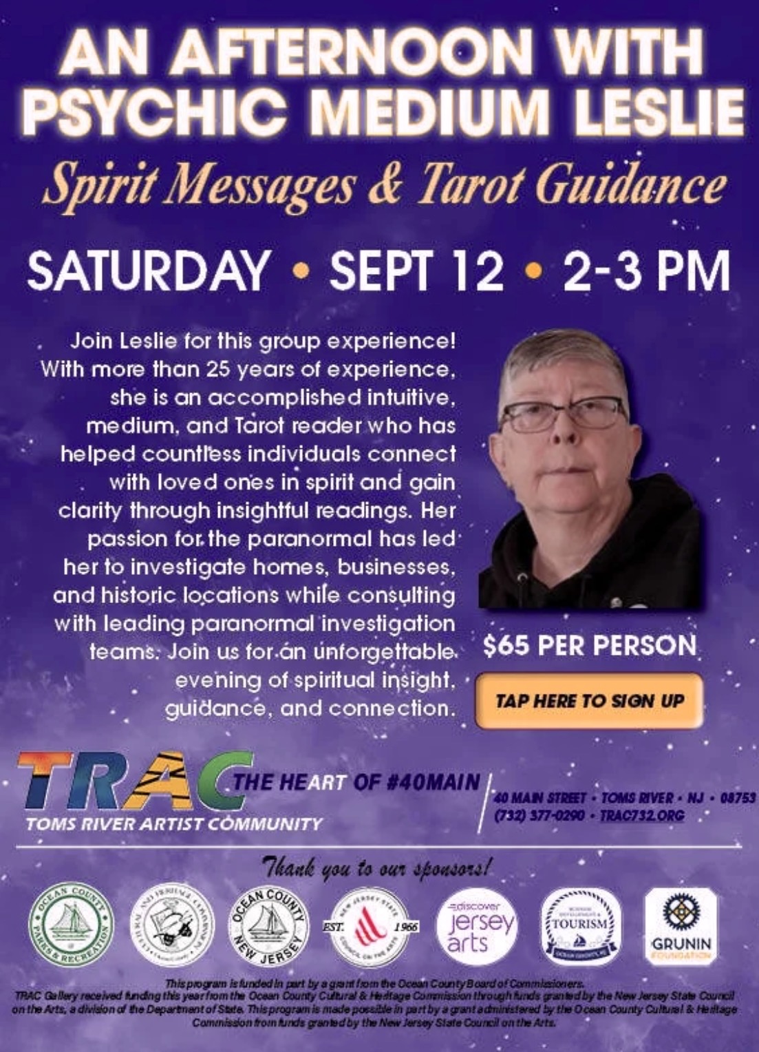picture of a person in glasses on a psychic event flyer