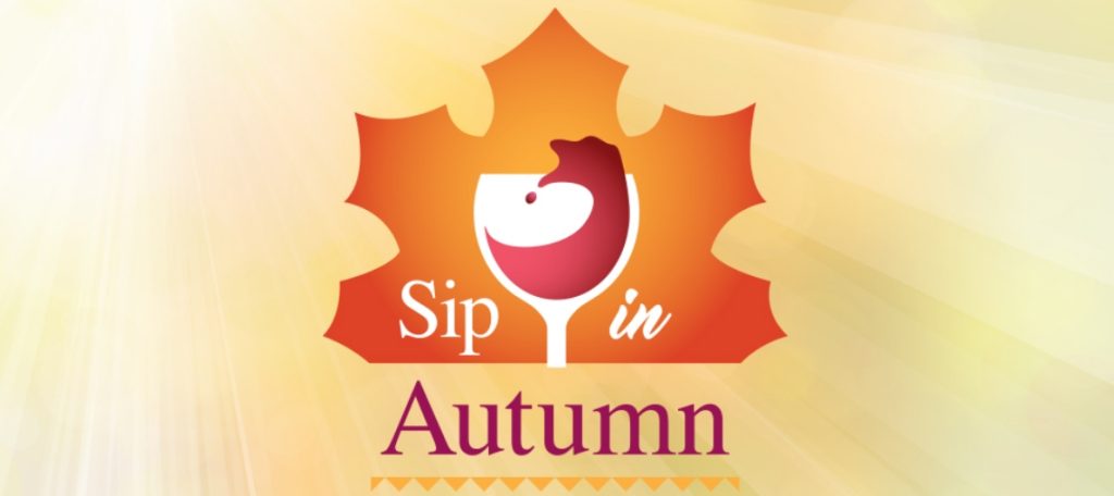 graphic of an orange leaf with a glass of red wine in front of it. Flyer says, Sip in Autumn on a yellow background