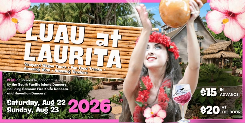 luau at laurita flyer with woman with red flowers in her hair and around her neck