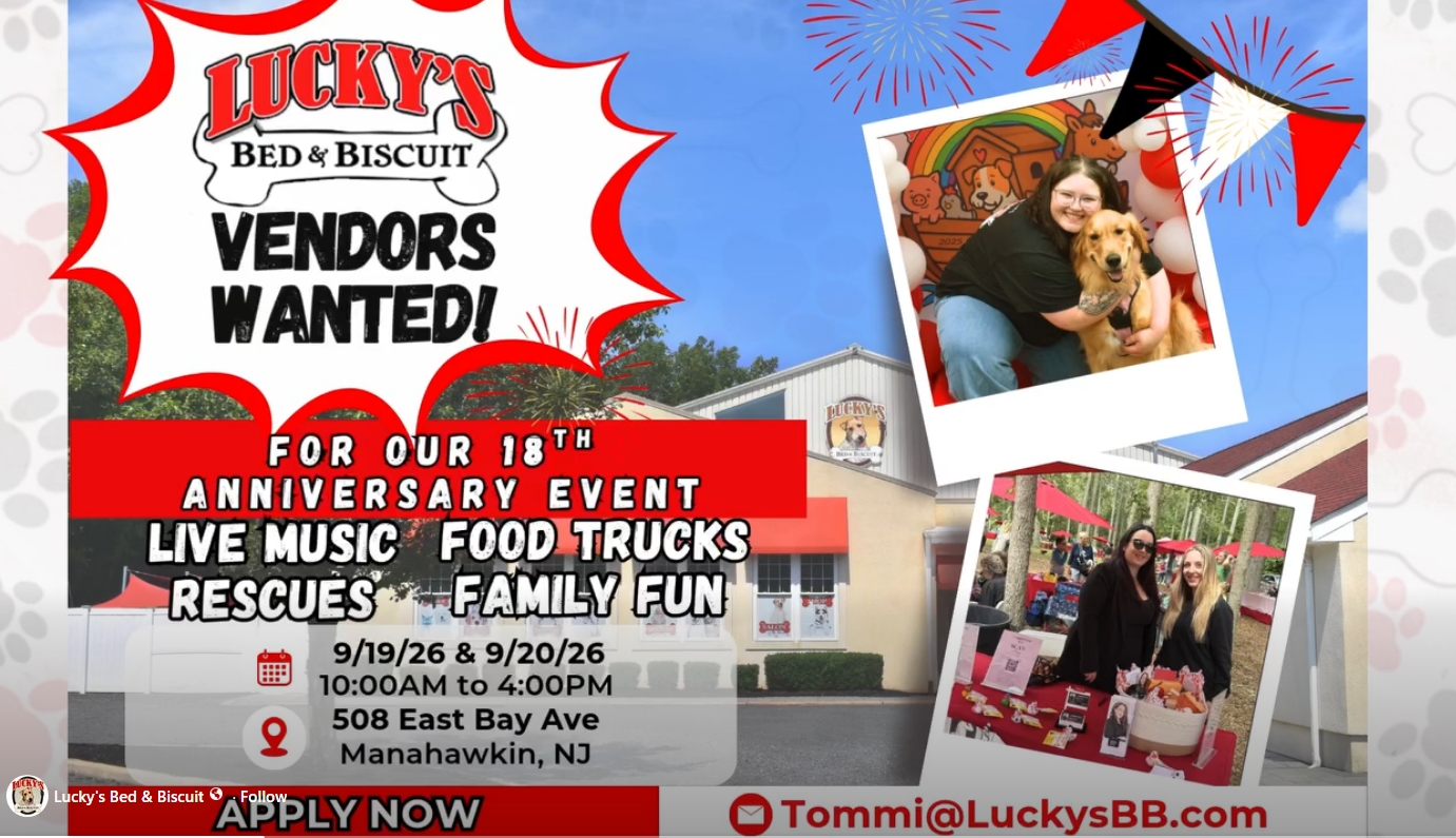 flyer for Lucky's Bed and Biscuit 18th anniversary event featuring a photo of a woman hugging a gog and two people standing at a vendor table with a gift basket