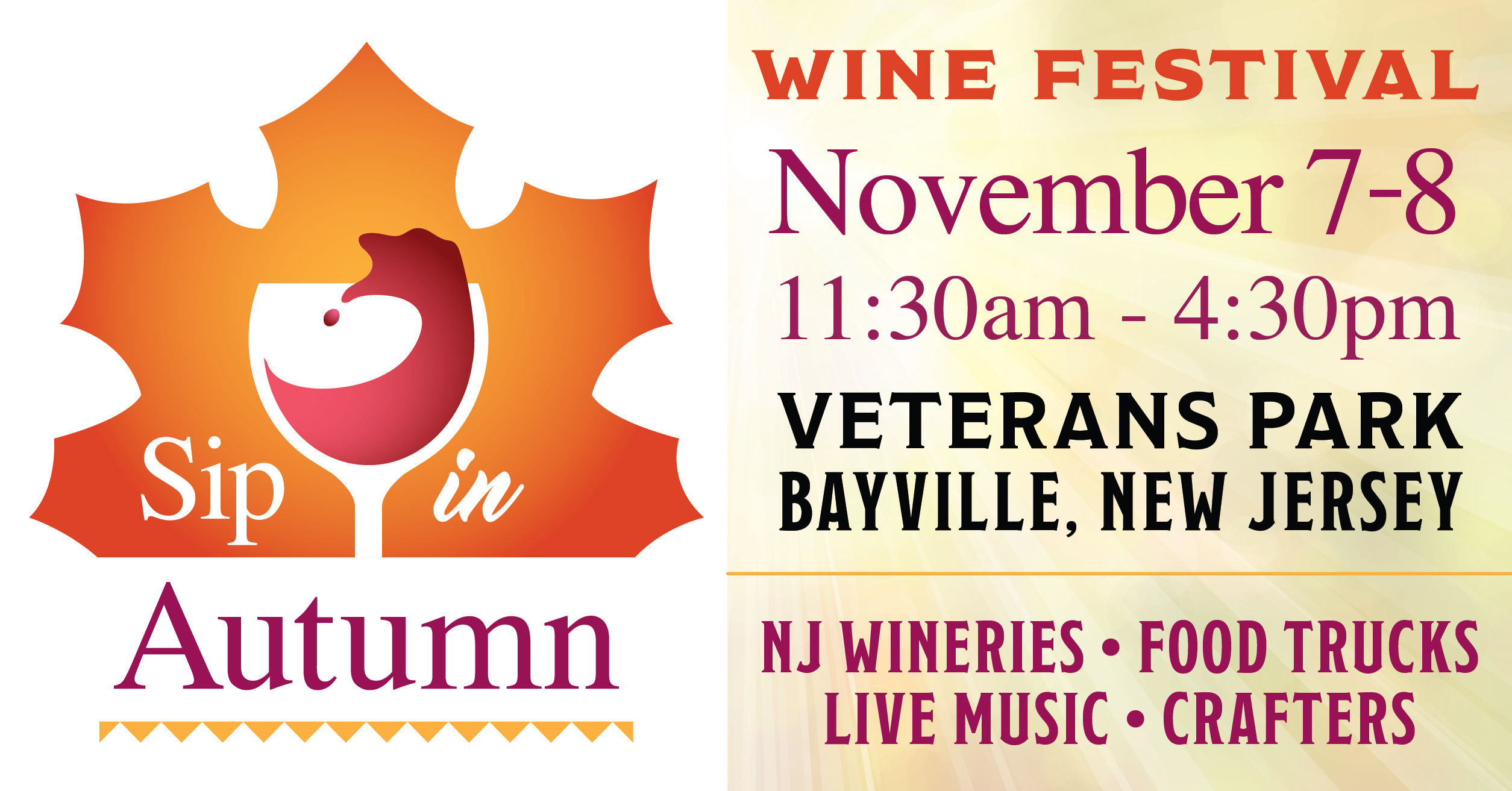 graphic of an orange leaf with a glass of red wine in front of it. Flyer says, Sip in Autumn on a yellow background