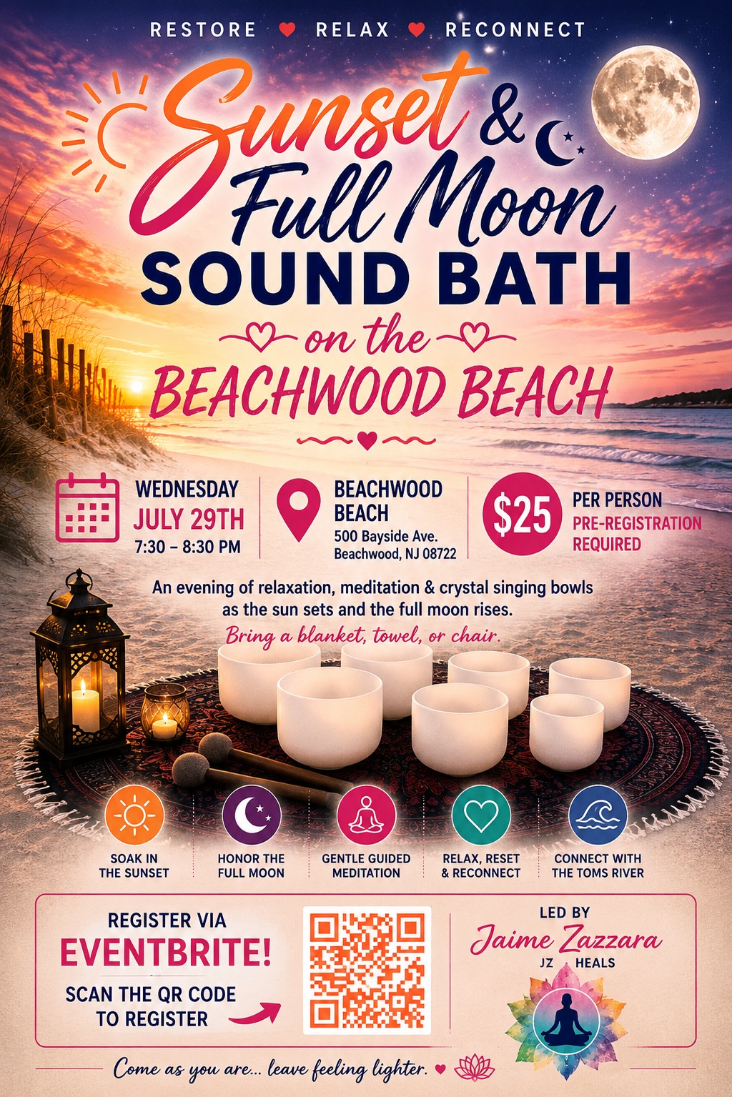 graphic of a beach at sunset with candles and lanterns on a rug