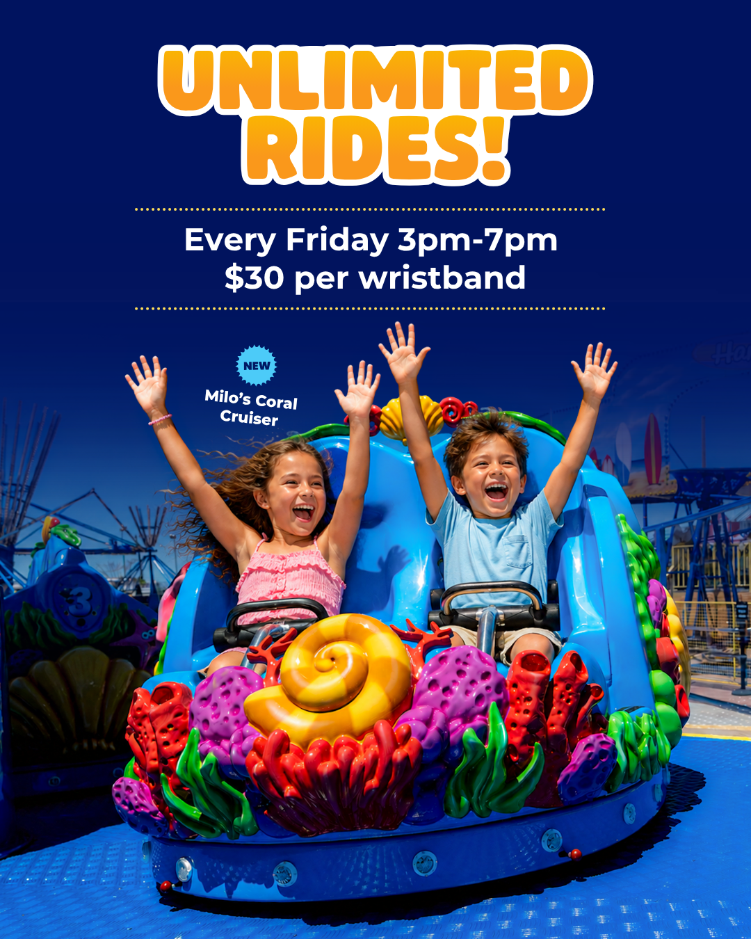 two kids on an amusement park ride with their arms in the air