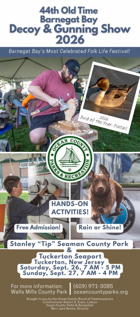 Decoy show flyer with a dog jumping into the water, a man carving a decoy and a boy holding a wooden duck