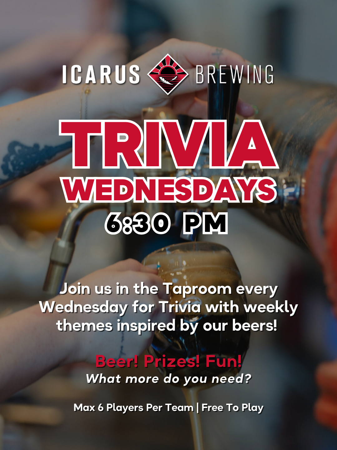 Trivia Wednesdays flyer with a person pouring a beer in a taproom