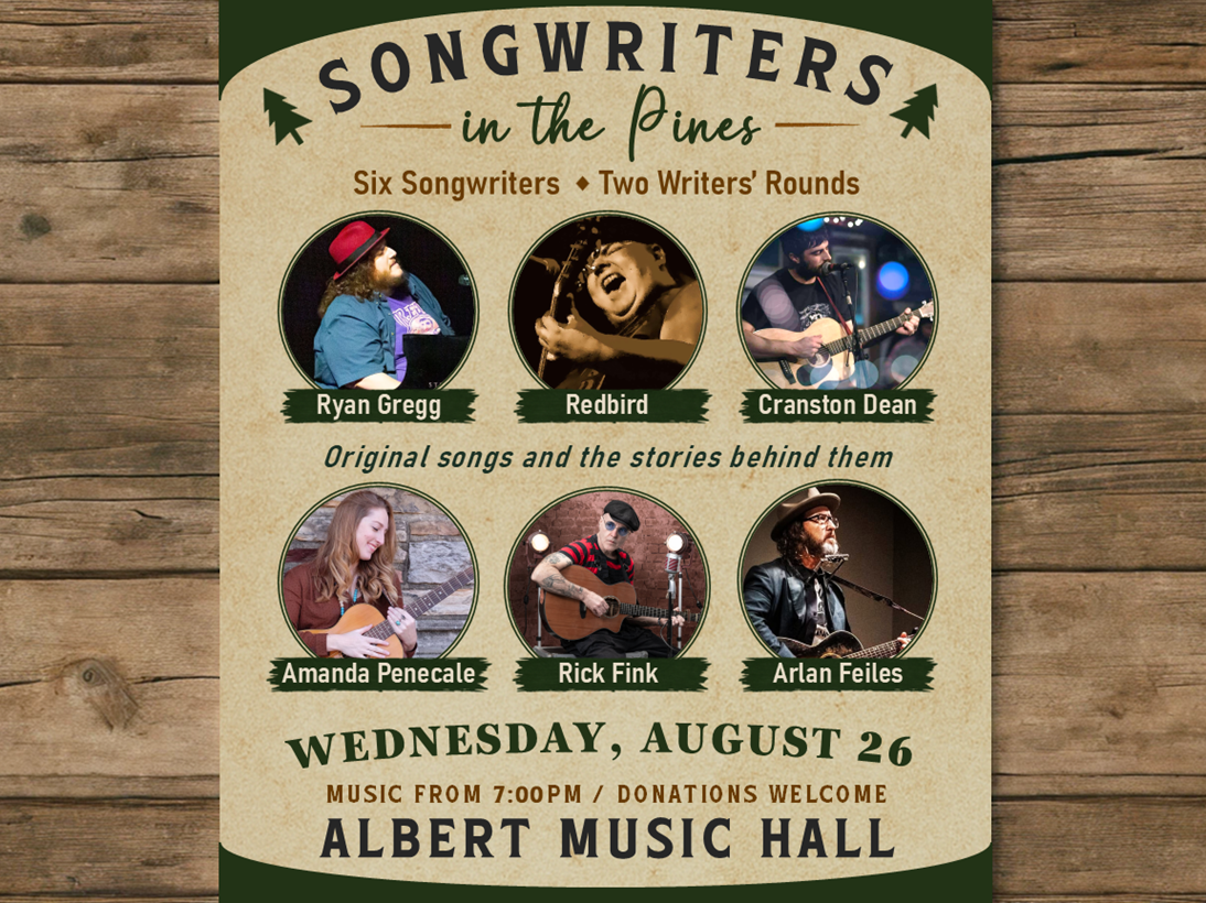 Songwriters in the pines flyer with two pine trees and circle photos of various musicians