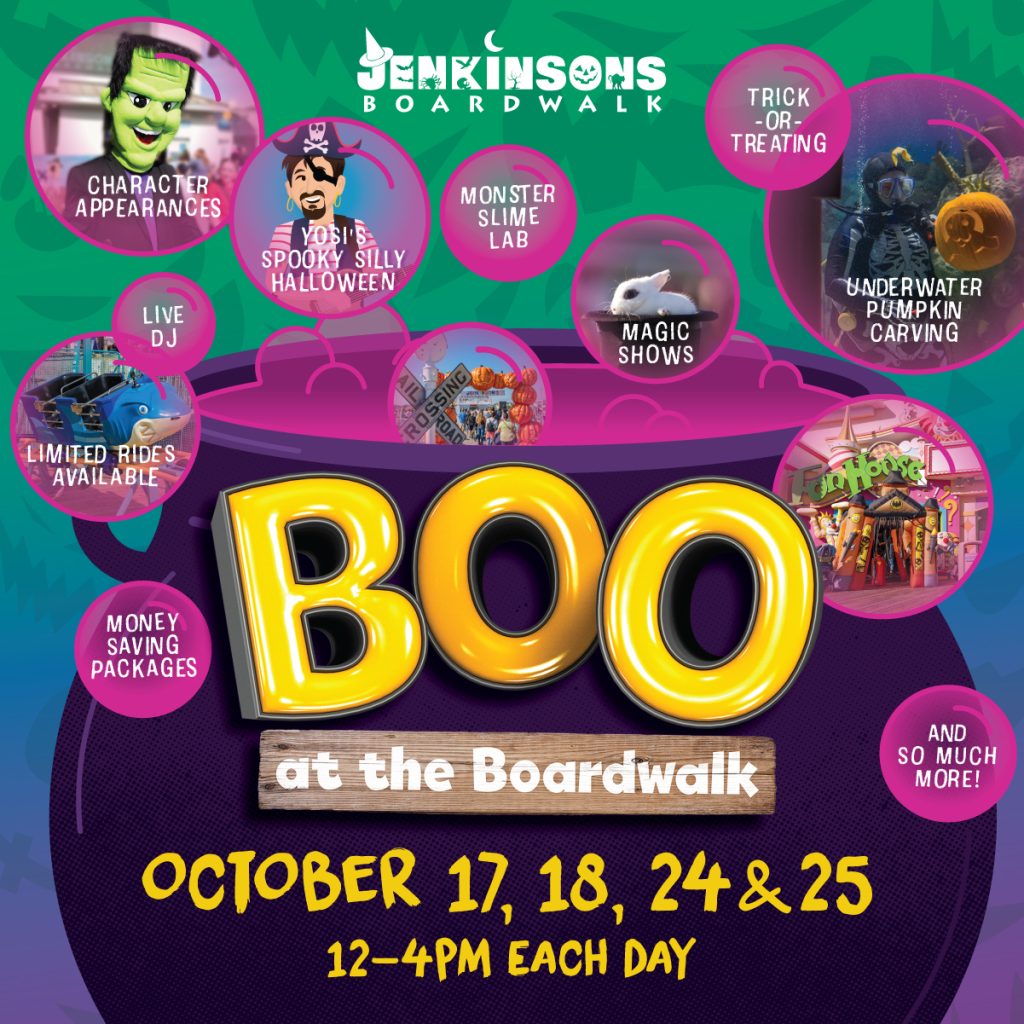 boo at the boardwalk with a cauldron and purple bubbles 