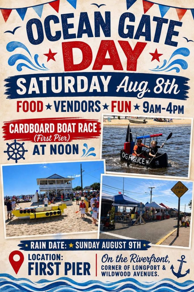 Ocean Gate Day flyer featuring red, white and blue font, a photo of children in a carbpard boat, people standing on a beach and vendor tents along the street 