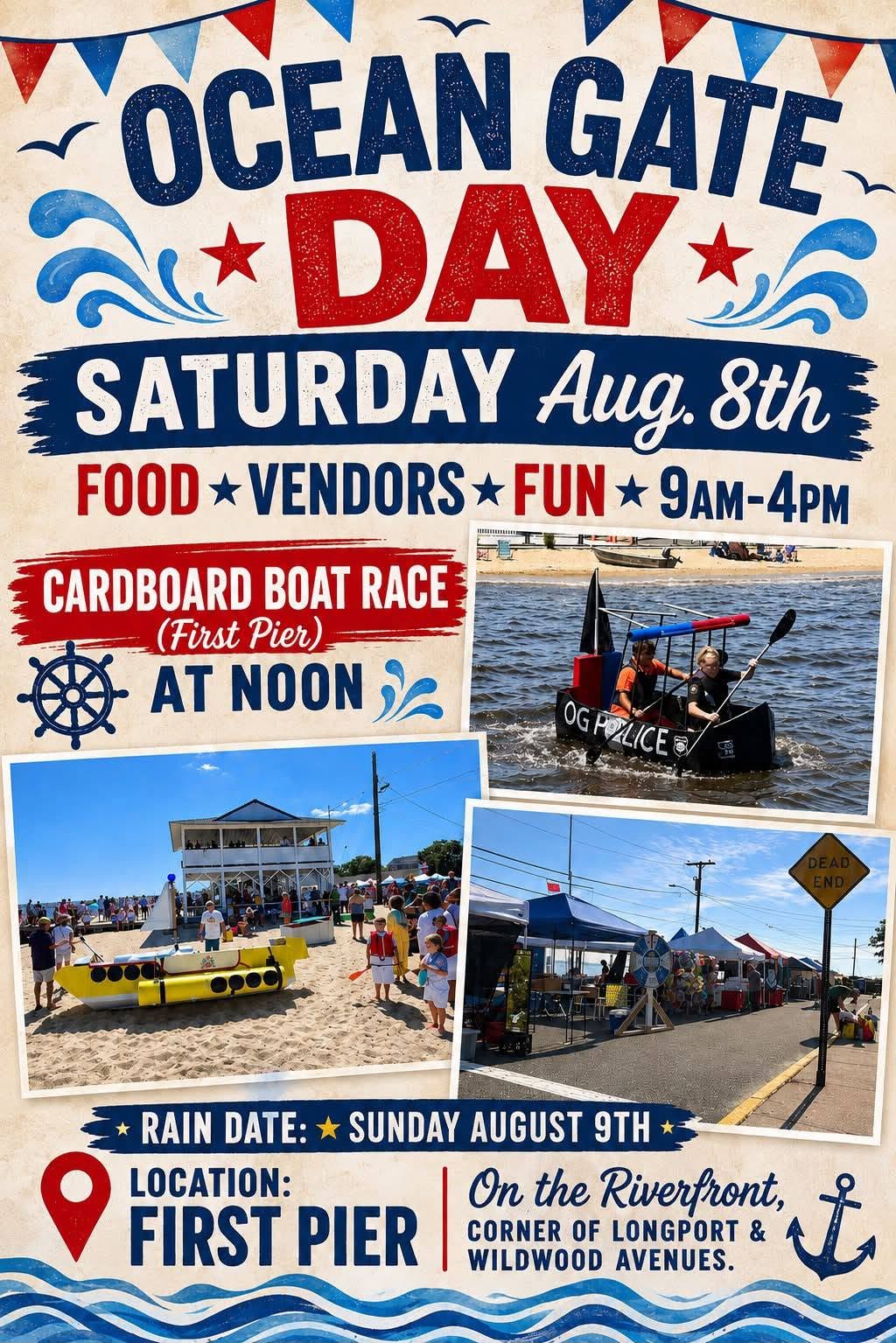 Ocean Gate Day flyer featuring red, white and blue font, a photo of children in a carbpard boat, people standing on a beach and vendor tents along the street