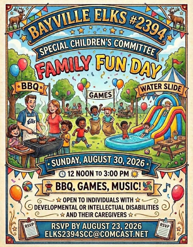Family fun day flyer with graphic of families enjoying a waterslide, BBQ, games and sitting at picnic tables 