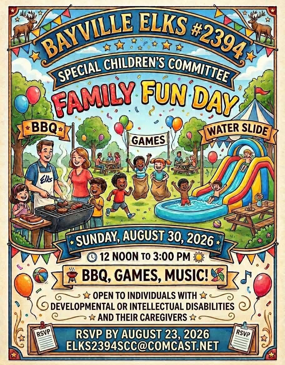 Family fun day flyer with graphic of families enjoying a waterslide, BBQ, games and sitting at picnic tables