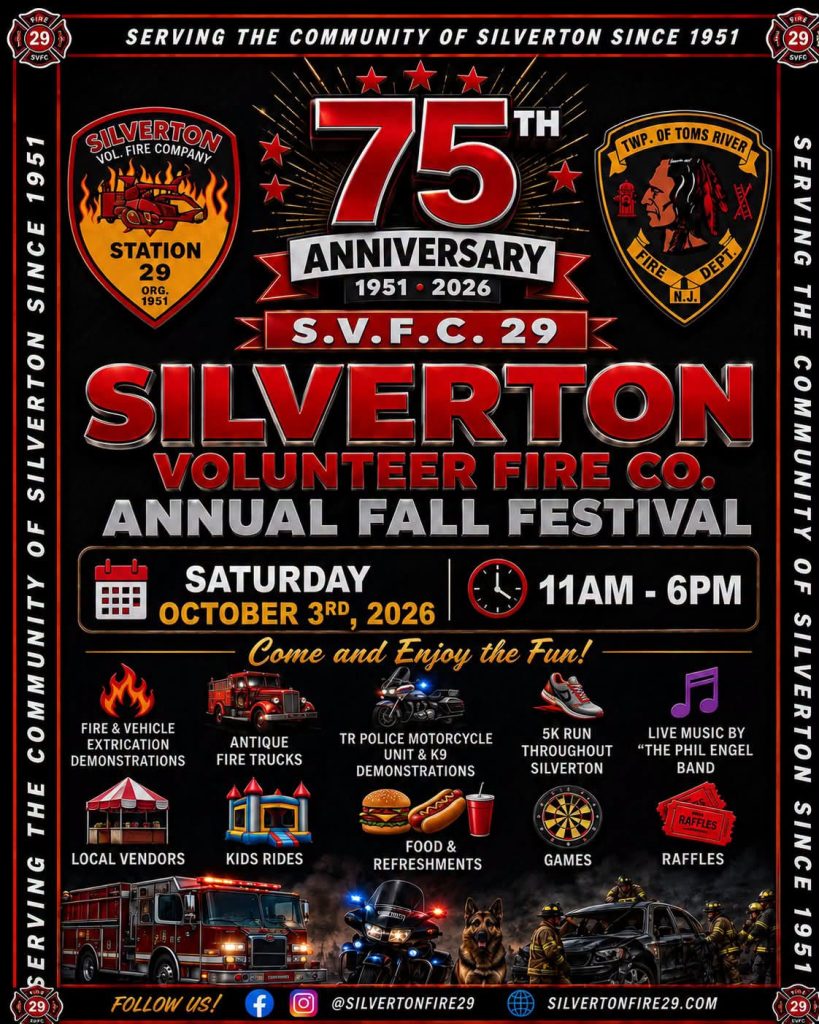 silverton fire co annual fall festival flyer on a black background with redf ont. Displaying a fire truck, police motorcycle, police K9, and firefighters by a car