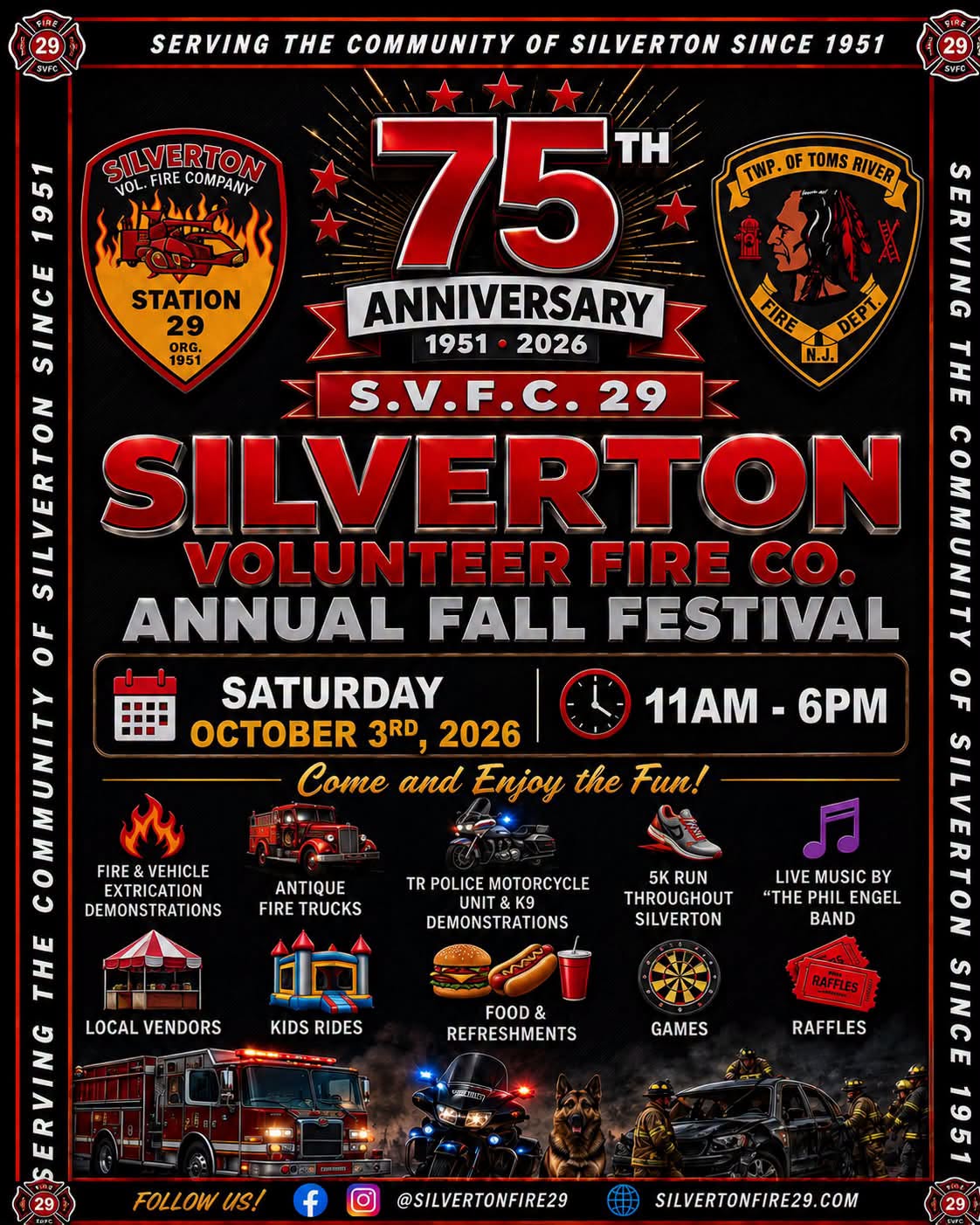 silverton fire co annual fall festival flyer on a black background with redf ont. Displaying a fire truck, police motorcycle, police K9, and firefighters by a car