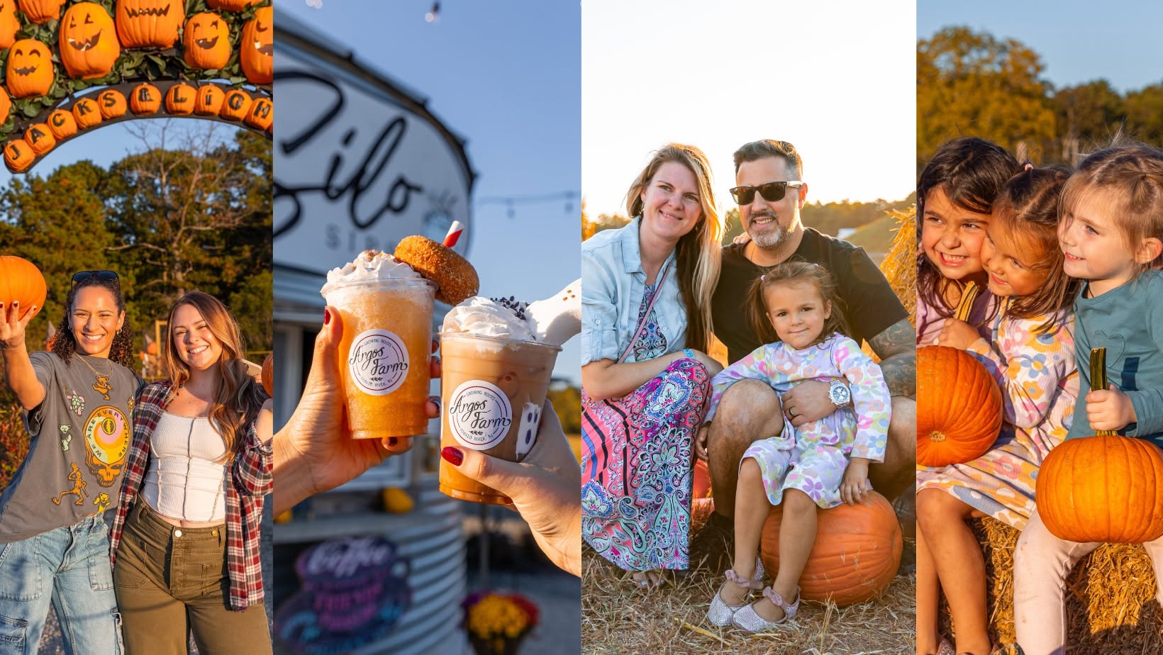 Two people holding up pumpkins posing for a photo, three children sitting on a haybale with pumpkins for a photo, two people holding Halloween and fall themed drinks and a family posing for a photo with pumpkins