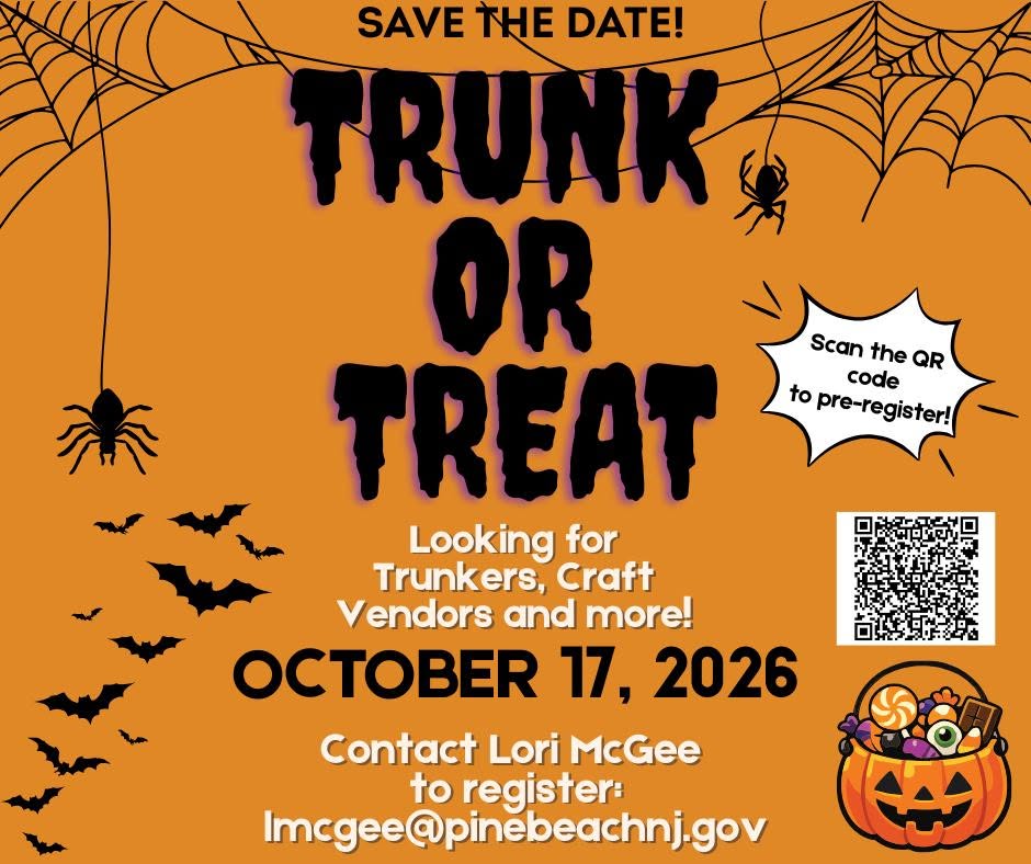 Trunk or treat flyer on an orange background with a pumpkin basket full of candy, bats and spiders with spiderwebs