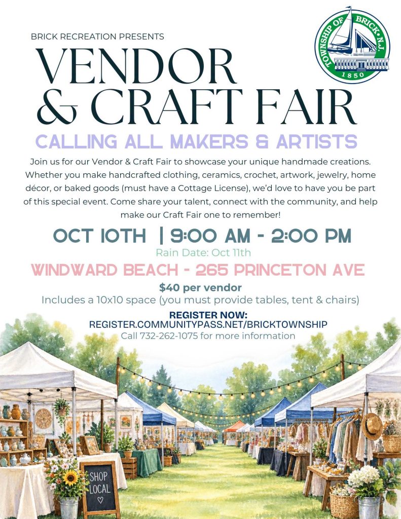 craft fair flyer with an image of vendor tents ina  field with string lights and trees in the background 