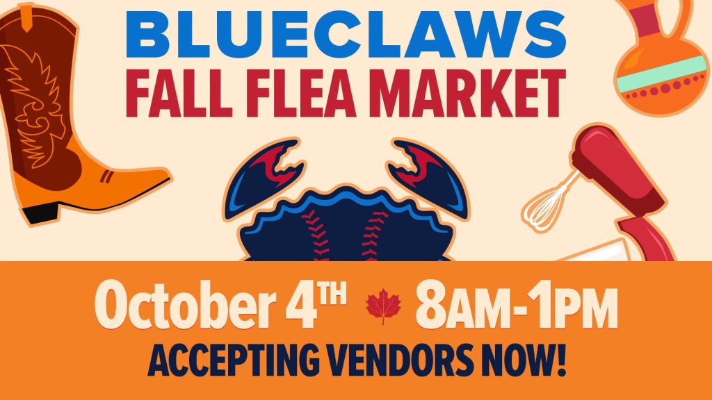 Blueclaws fall flea market flyer with a cowboy boot, a crab and kitchen appliances