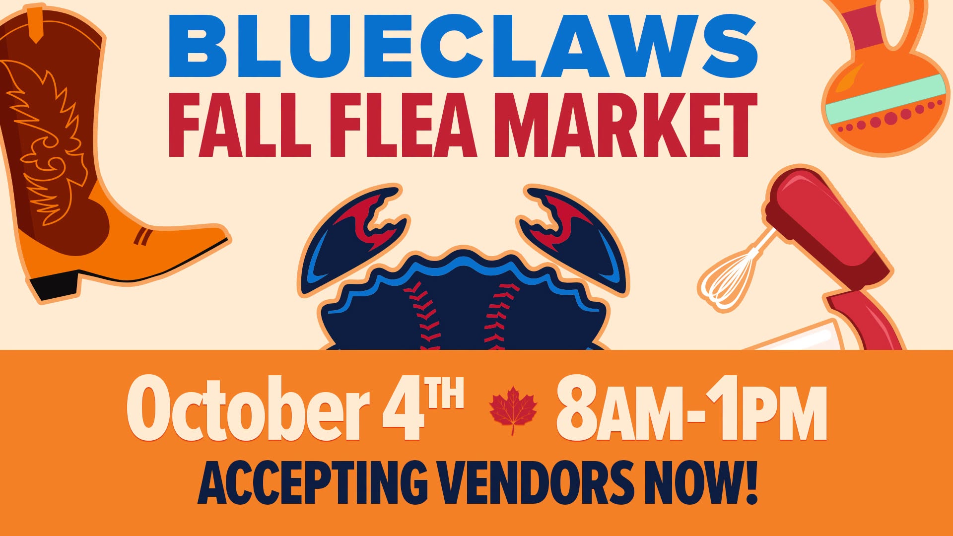 Blueclaws fall flea market flyer with a cowboy boot, a crab and kitchen appliances