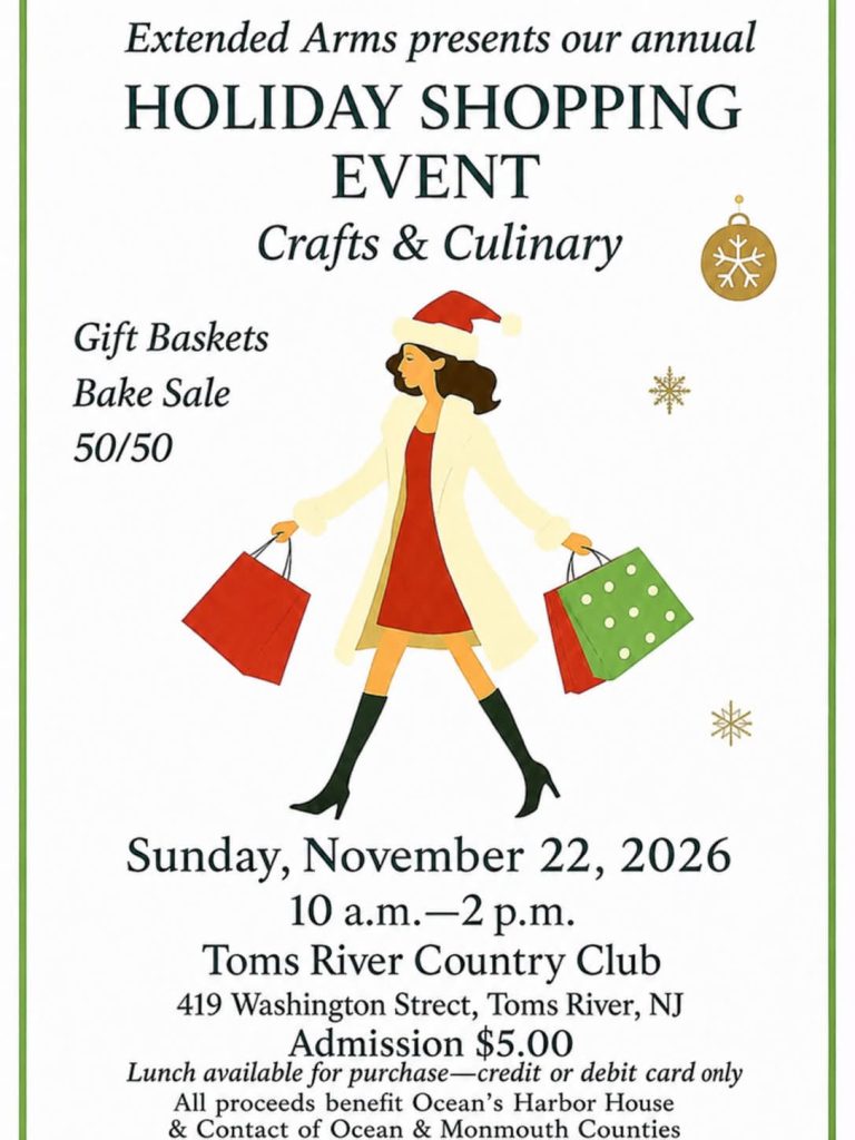 holiday shopping event flyer with a graphic of a woman walking with shopping bags in a red dress and white coat and a Santa hat 