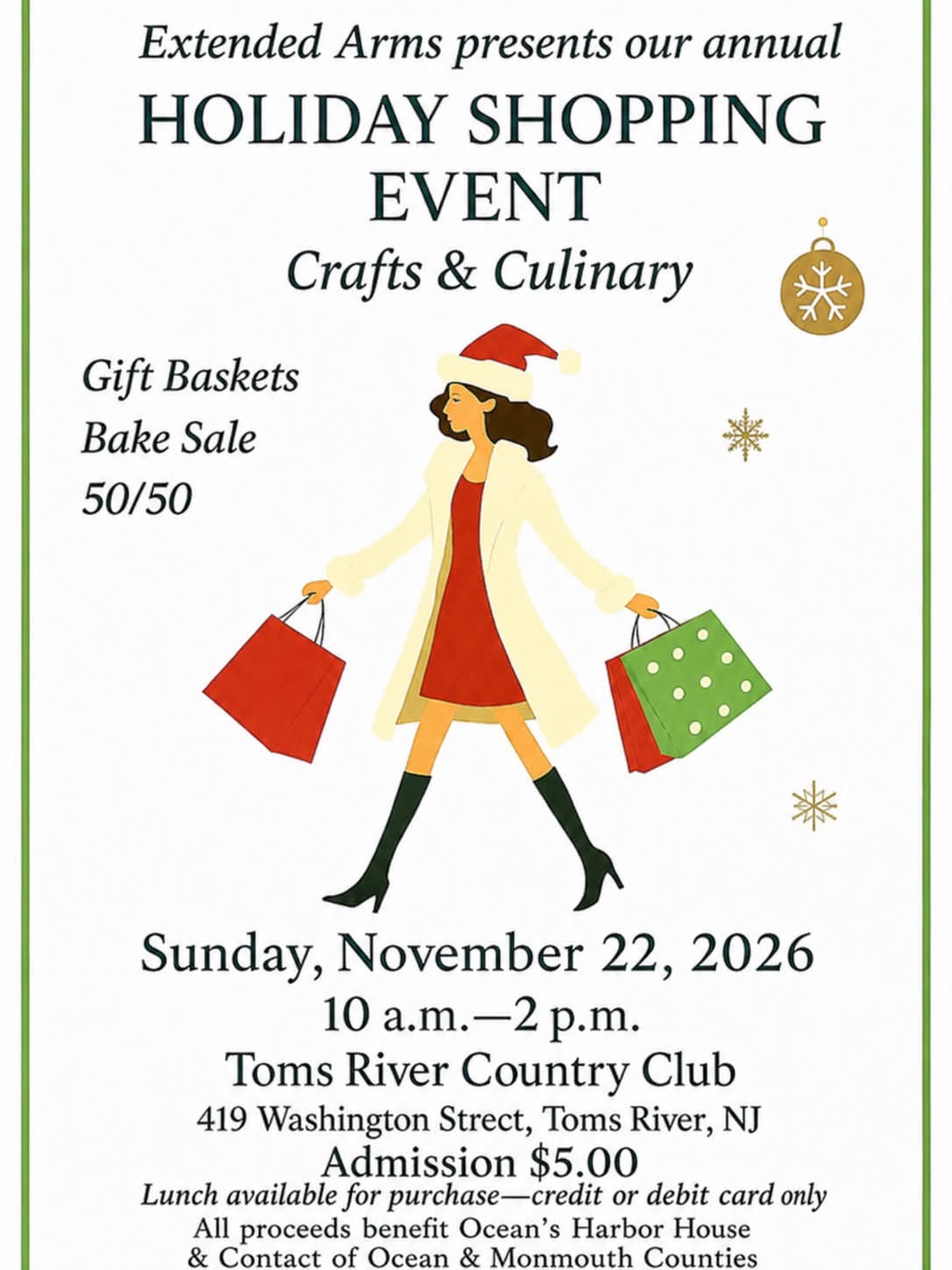 holiday shopping event flyer with a graphic of a woman walking with shopping bags in a red dress and white coat and a Santa hat