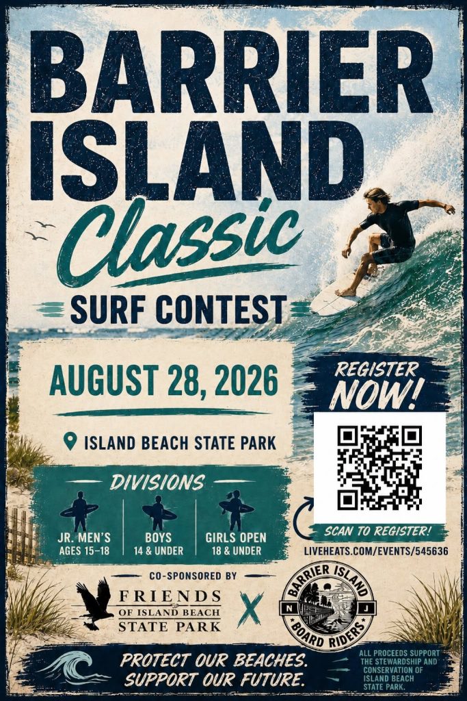 Barrier Island Classic surf competition flyer with graphic of a man surfing