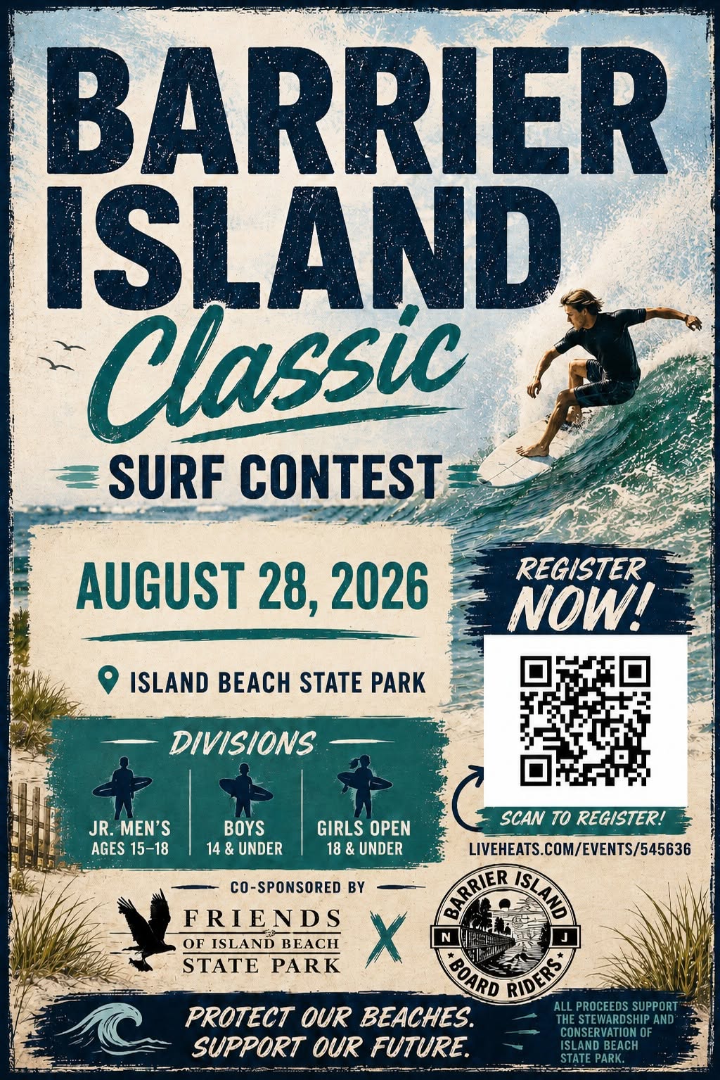 Barrier Island Classic surf competition flyer with graphic of a man surfing