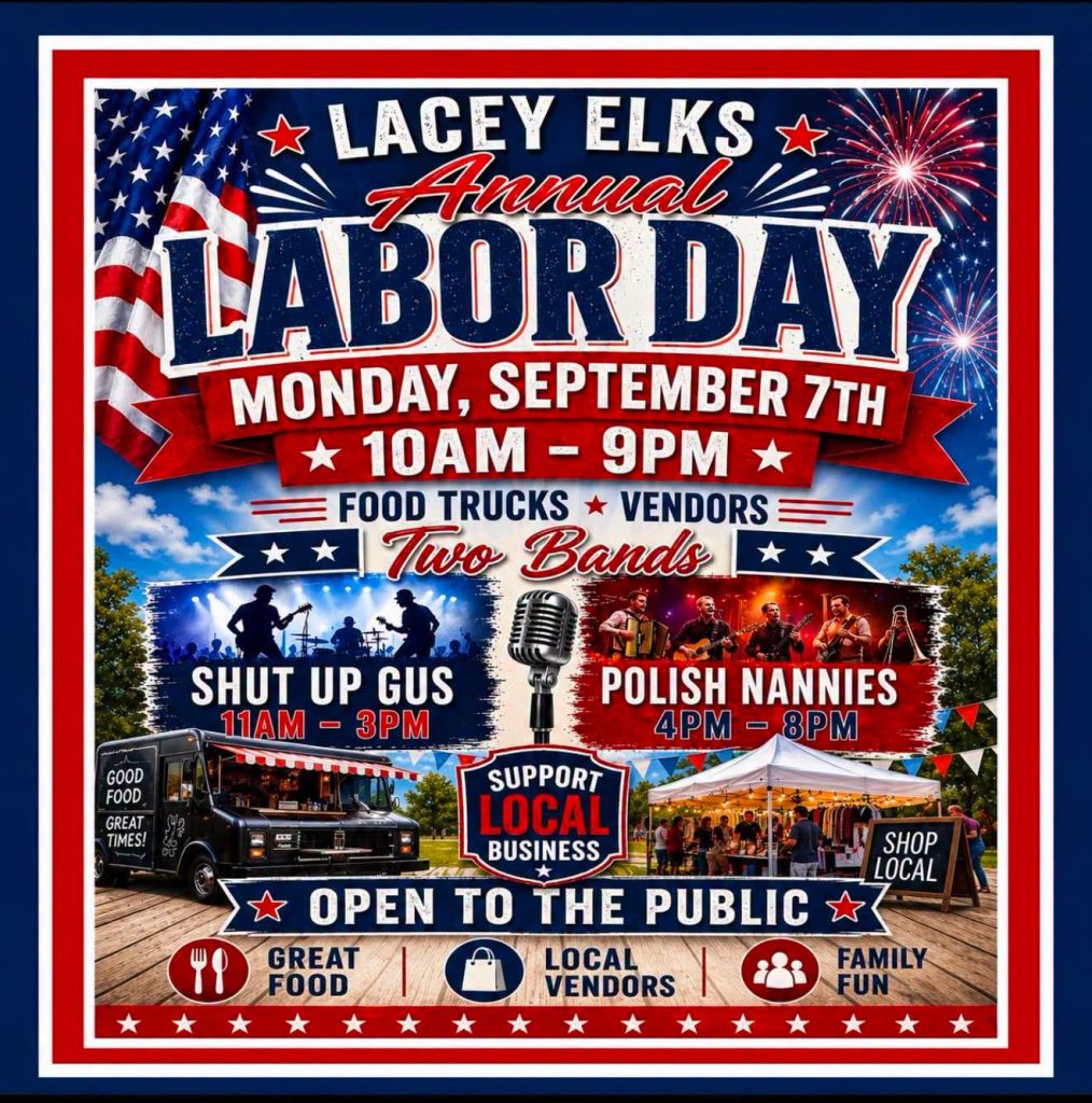 Lacey elks Labor Day flyer featuring food trucks people under a vendor tent and a band playing music