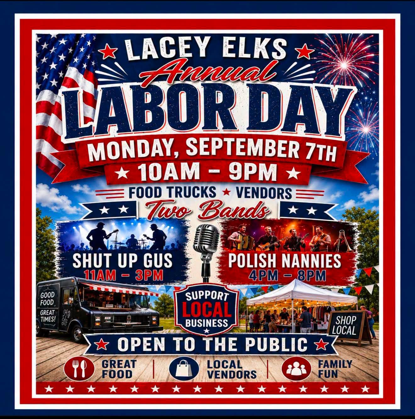Lacey elks Labor Day flyer featuring food trucks people under a vendor tent and a band playing music