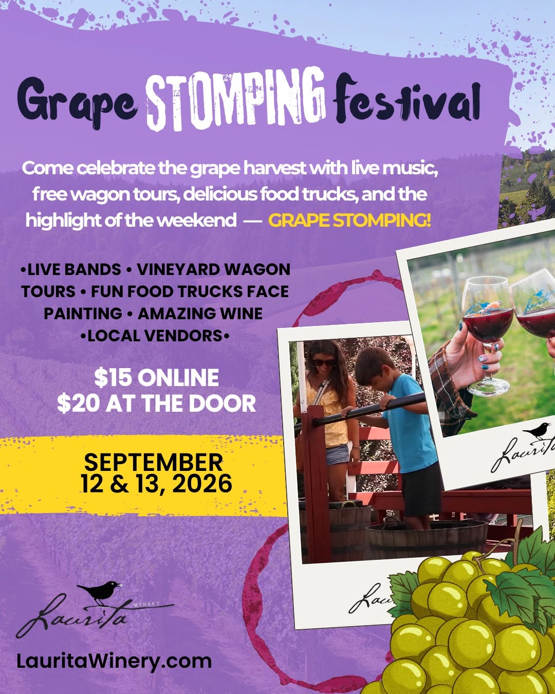 grape stomping festival flyer on a purple background with photos of poeple holding wine classes and a child stomping grapes