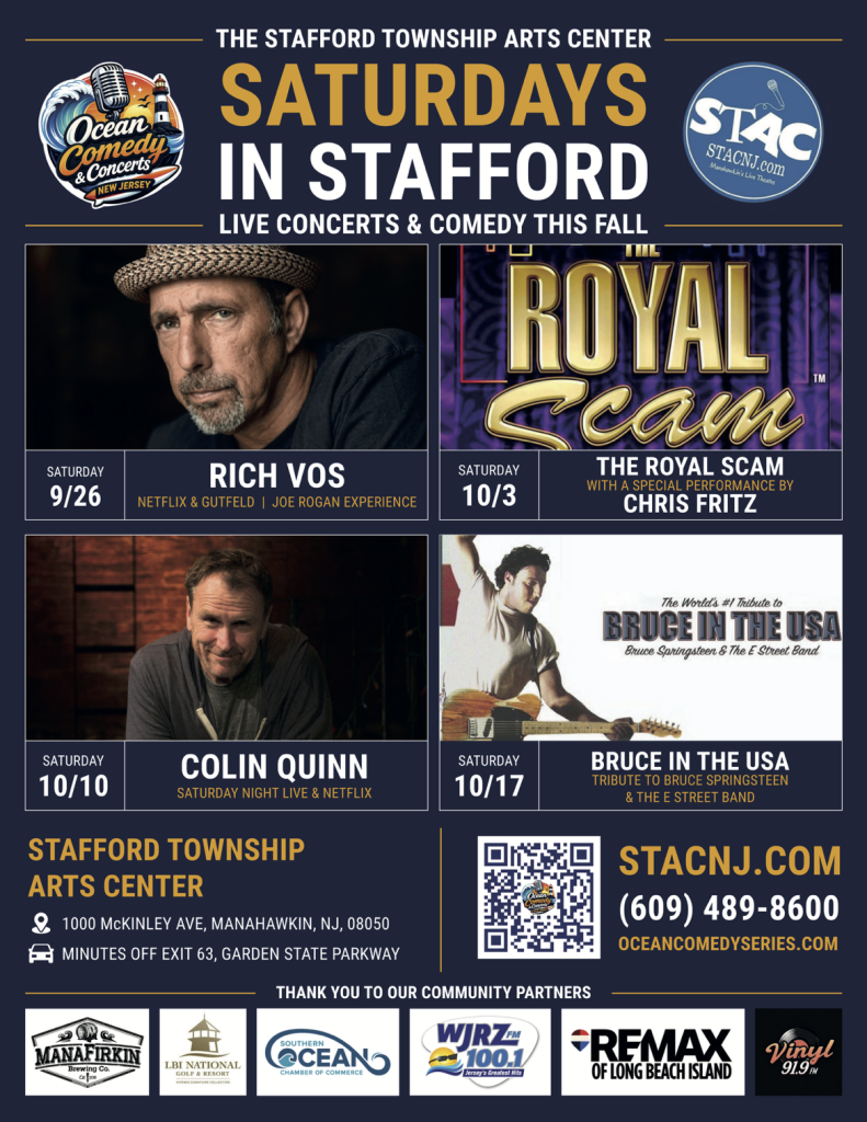 Live concerts flyer for Stafford Township Arts Center featuring four musicians 
