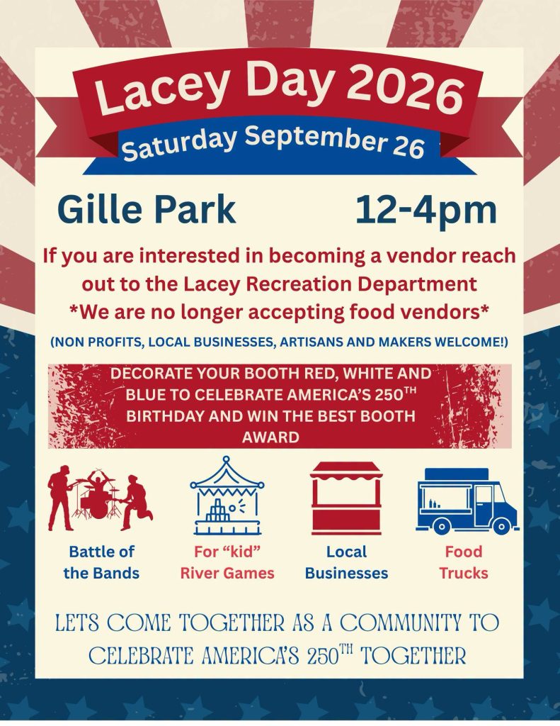 lacey day 2026 flyer on a red, white and blue background 