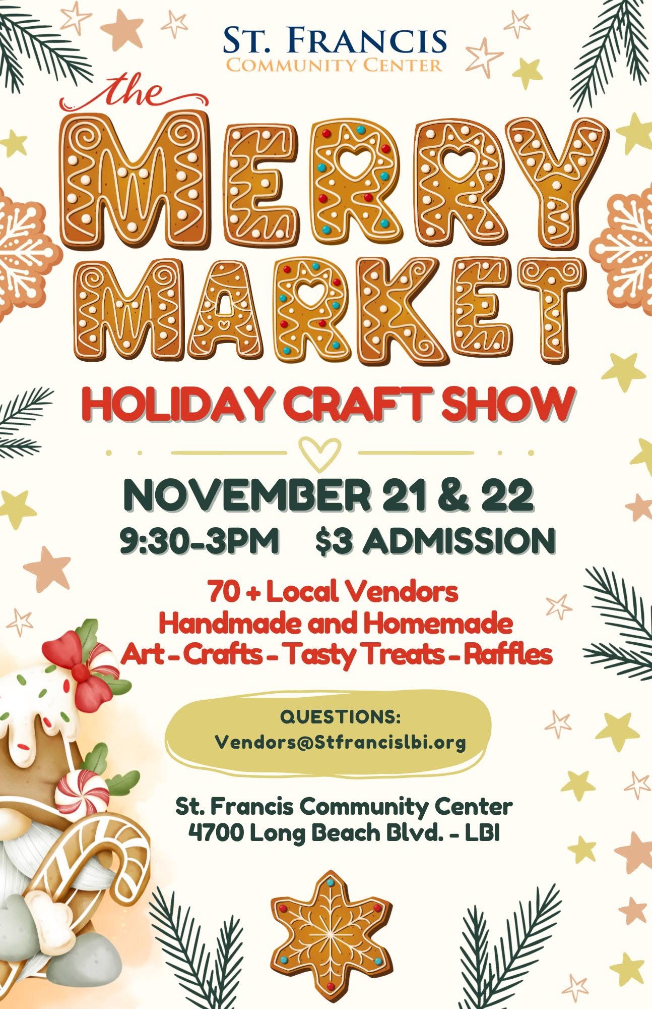 Holiday Craft show flyer with a border of snowflake cookies, a gnome holding a candy cane, stars and pine needle branches