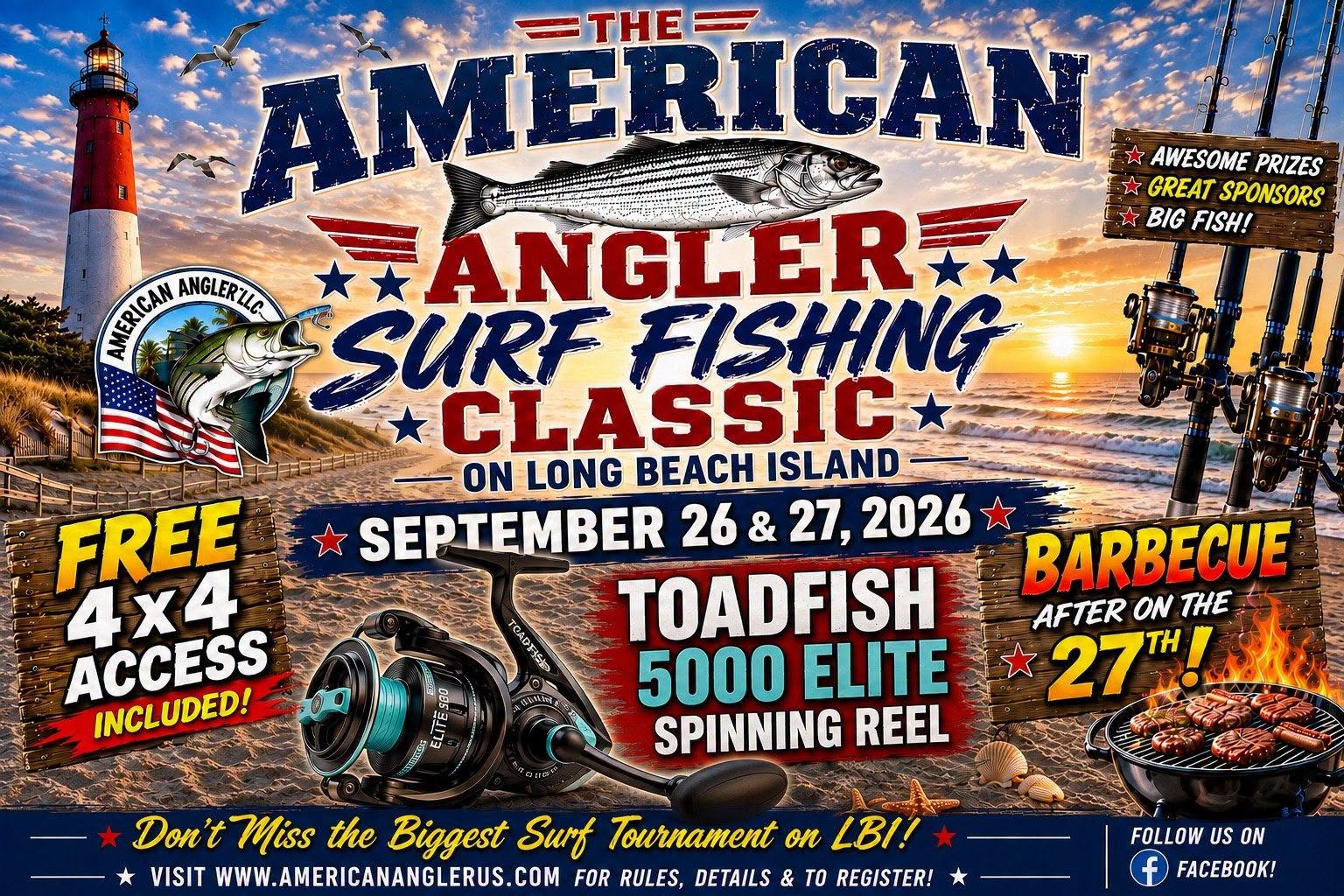 Promotional banner for the American Angler Surf Fishing Classic on Long Beach Island, September 26–27, 2026. The banner features a lighthouse, surf fishing rods and reels, a striped bass, seagulls, beach scenery, and a barbecue grill. It advertises free 4x4 access, a Tsunami Elite 5000 spinning reel prize, a barbecue on September 27, and directs viewers to AmericanAnglerUS.com for rules, details, and registration.