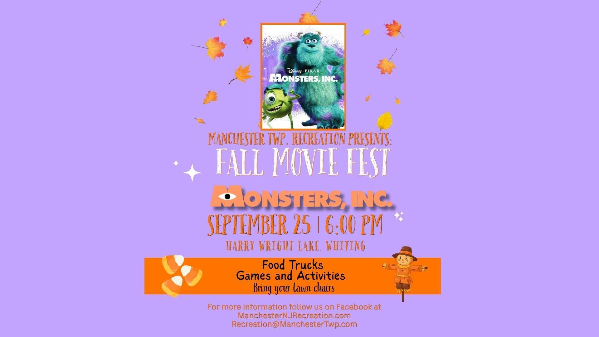 Fall Movie Fest flyer on a purple background with Disney Pixar Monsters' Inc. a scarecrow, fall leaves and candy corn