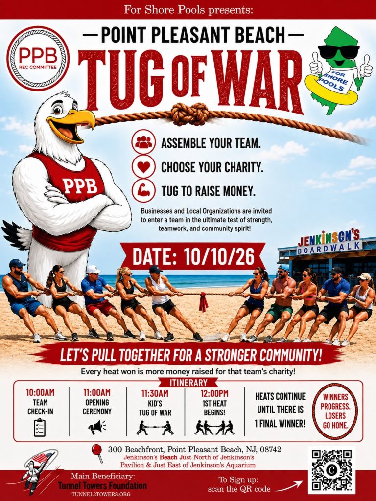 flyer for Point Pleasant Beach Tug of War with people doing tug of war on the beach, Jenkinsons Boardwalk in the background and a graphic of a seagull wearing a red PPB tank top 