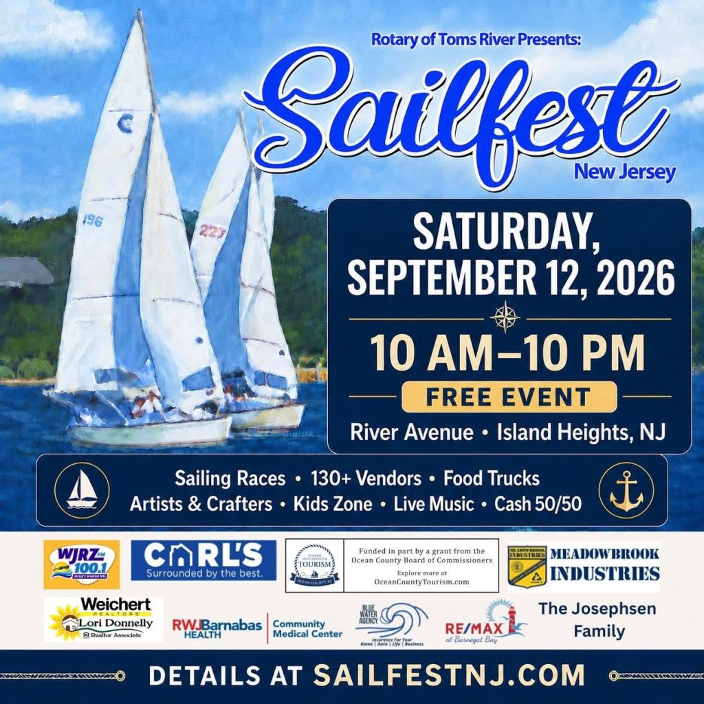 Promotional flyer for Sailfest New Jersey, presented by the Rotary of Toms River, featuring sailboats on the water. The free event takes place Saturday, September 12, 2026, from 10 AM to 10 PM on River Avenue in Island Heights, NJ. The festival includes sailing races, 130+ vendors, food trucks, artists and crafters, a kids zone, live music, and a cash 50/50. Details at SailfestNJ.com.