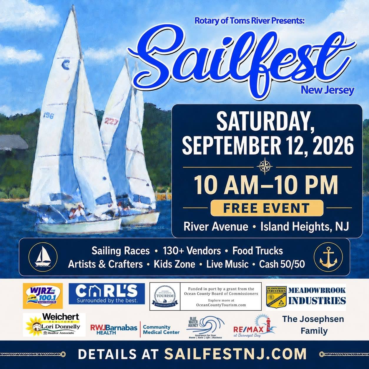 Promotional flyer for Sailfest New Jersey, presented by the Rotary of Toms River, featuring sailboats on the water. The free event takes place Saturday, September 12, 2026, from 10 AM to 10 PM on River Avenue in Island Heights, NJ. The festival includes sailing races, 130+ vendors, food trucks, artists and crafters, a kids zone, live music, and a cash 50/50. Details at SailfestNJ.com.