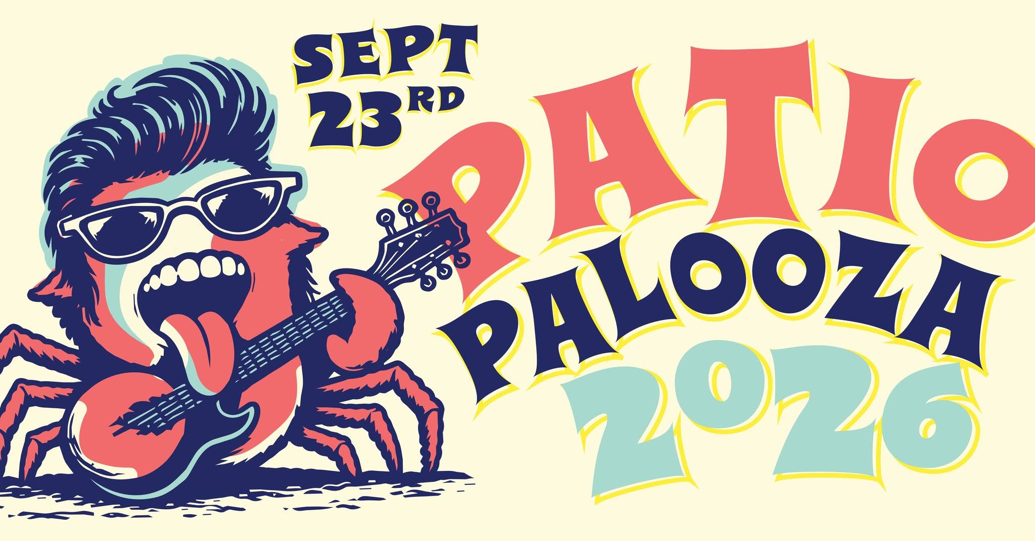 Patio palooza 2026 flyer with a crab playing a guitar with a head of hair, sunglasses and sticking it's tongue out