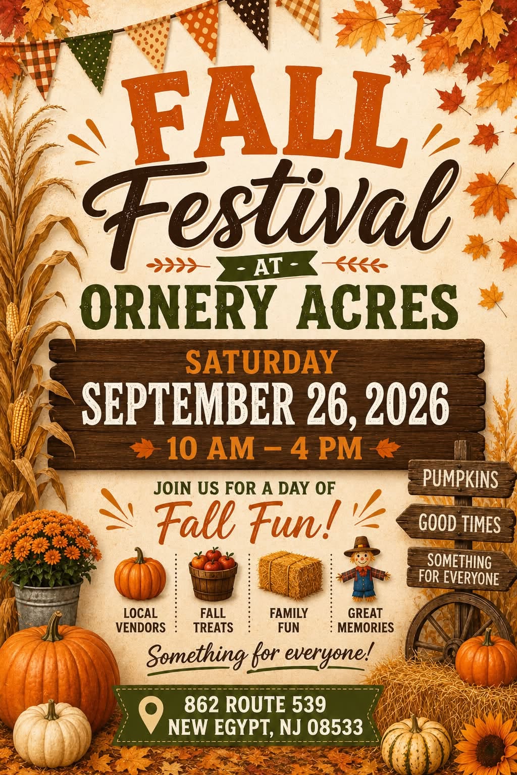 Fall Festival flyer with fall leaves, pumpkins and mums