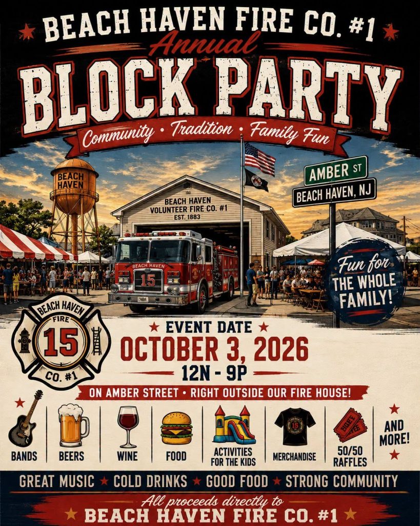 Beach Haven vol fire co block party flyer featuring a fire truck outside of a firehouse and people gathered around vendor tents 