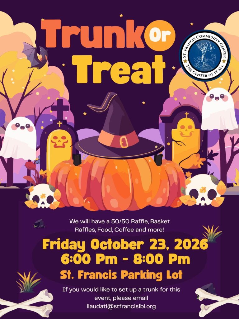 trunk or treat flyer with graphic of ghosts in a cemetery and pumpkin in a witch hat 