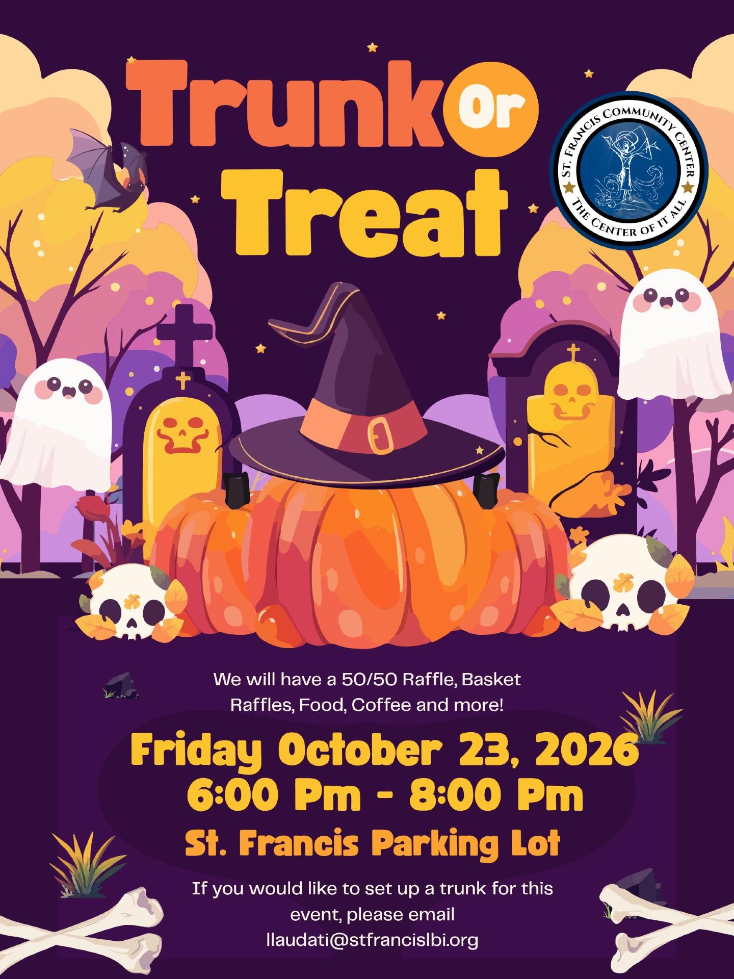 trunk or treat flyer with graphic of ghosts in a cemetery and pumpkin in a witch hat